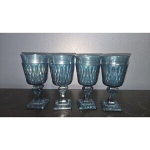 Vtg Indiana Glass Mt. Vernon Blue Footed Wine Glasses SET OF 4.  5 3/8 in